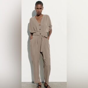 EUC Zara Linen Dark Beige Jumpsuit Romper Size S